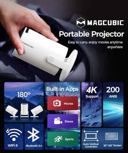 Magcubic Mini Projector with WiFi and Bluetooth, 4K Support Smart Portable Projector, Small Proyector with 200ANSl & AutoKeystone, 180° Rotation HY300Pro Video Proyector for Bedroom, Movie, Outdoor