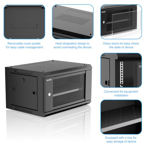6U Wall Mount Server Rack Enclosure with Locking Glass Door, Removable Side Panels, 17.7inch Depth, Network Cabinet for 19" IT Equipment, A/V Devices, 200 lbs Max. Ground-Mounted Load Capacity
