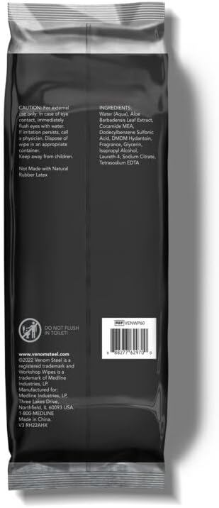 Venom Steel Workshop Wipes with Scrubbing Beads, for Grease, Grime, Oil, Paint and Caulk, Safe on Hands, Tools, and Non Porous Surfaces, Light Citrus Scent, 8" x 12" Cloths, 60 Wipes