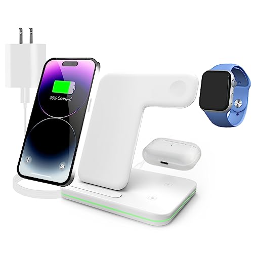 3-in-1 Wireless Charging Station Dock, 24W Fast Qi Charger for iPhone 17/16/15/14/13/12/11/X, Samsung, Huawei, Xiaomi, Android Phones, Apple Watch 10/9/8/7/6, and AirPods 3/2/1
