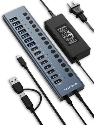 ACASIS Powered USB C Hub, 16-in-1 USB 3.2 Hub 10Gbps, 6 USB-A 3.2 + 2 USB-A 2.0+ 8 USB-C 3.2 Ports, Dual USB-C PD 30W, 150W Adapter, 3.3FT Cable, Aluminum USB Hub for PC, Laptop, Mac mini, iMac, iPad