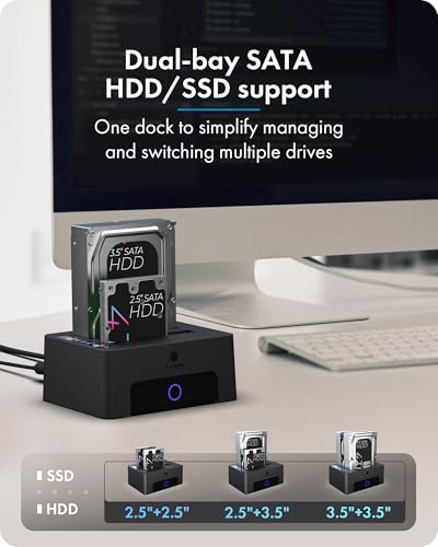 ICY BOX Dual-Bay Hard Drive Docking Station for 2.5 & 3.5 SSD HDD Up to 60TB , USB C 3.0 to SATA I/II/III Hard Drive Enclosure Reader with Offline Clone and Duplicator Function Tool Free Plug&Play