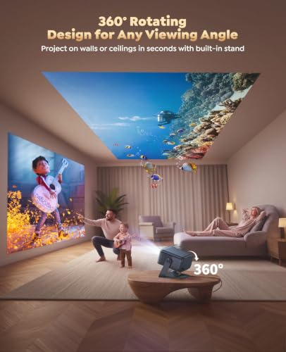 Smart 4K Support Projector [Google TV 14.0 & 360° Stand] with WiFi 6, Bluetooth 5.4, HDR10, 30W Hi-Fi, AI Auto Focus, Outdoor Portable Short Throw Movie Projector for Home Theater Bedroom Ceiling