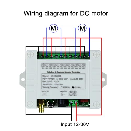 Remote Control Switch DC 12V 24V 36V 10A 4CH 433Mhz 600ft Long Range Wireless Relay Switch for Garage Door, Industrial Control, Household Control etc