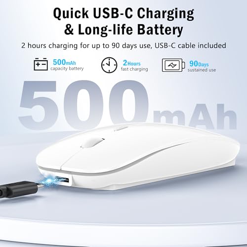 Wireless Mouse for MacBook Air iPad Pro PC Laptop, Bluetooth Rechargeable Computer Mice with Jiggler Mode, Silent 3 Mode (BT 5.2/3.0 & USB-A/USB-C Receiver) Type-C Slim Travel Mouse, White