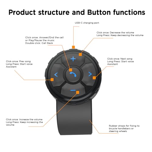 Bluetooth Media Button Remote Control IPX6 Waterproof Strap Type Wireless Controller for Car Bike Motorbike Steering Wheel Siri Call & Camera Compatible for iPhone Samsung Galaxy Any Android Device