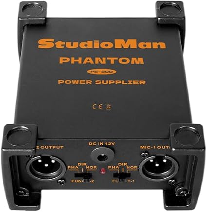 StudioMan PS200 Professional 2-Channel Phantom Power Supply, Black, Dual XLR Input/Output, 12V/24V/48V Switchable Power