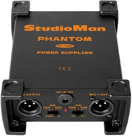 StudioMan PS200 Professional 2-Channel Phantom Power Supply, Black, Dual XLR Input/Output, 12V/24V/48V Switchable Power