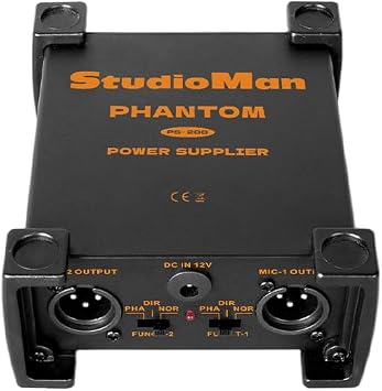 StudioMan PS200 Professional 2-Channel Phantom Power Supply, Black, Dual XLR Input/Output, 12V/24V/48V Switchable Power