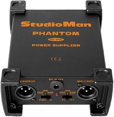 StudioMan PS200 Professional 2-Channel Phantom Power Supply, Black, Dual XLR Input/Output, 12V/24V/48V Switchable Power