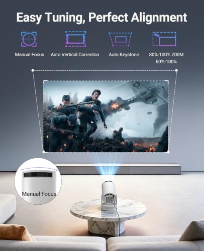 Mini Projector with WiFi 6 and Bluetooth 5.4, 4K Support, 5W Soundbase Speaker, Auto Vertical Keystone, 180°Rotatable Smart Projector for Movie Home Outdoor