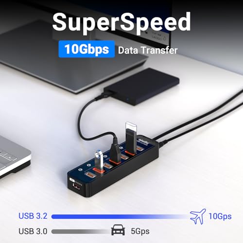 Powered USB Hub 3.2, atolla 8-Port USB 3.2/USB C Hub, Powered USB C Hub with 7 USB-A 10Gbps ports +1 Smart Charging port, Individual On/Off Switches, LEDs, 20W Power Adapter for PC - Image 3