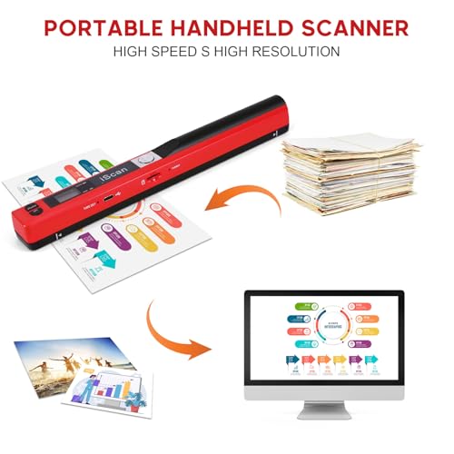 Portable Document Scanner - 900DPI Handheld Portable Scanner Image Scanner Scanning Wand A4 Colour Photo Mobile Scanners Handy Scan, JPG/PDF Format, with 16G SD Card (Red)