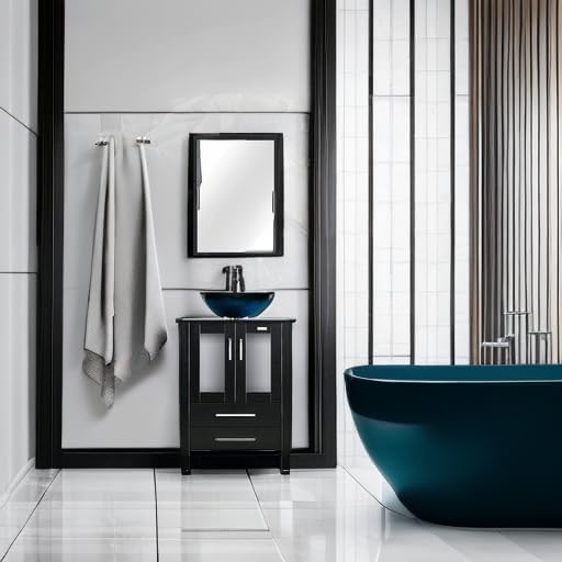 eclife 24" Modern Bathroom Vanity Sink Combo Freestanding Cabinet with Soft Closing Door, Turquoise Square Glass Vessel Sink, Water Save Faucet, Drain (Black+A10)