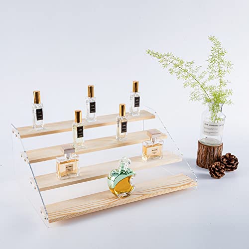 2 Pack 4 Tier Acrylic Display Stand for Figures Wooden Risers Display Case for Craft Fair Acrylic Cupcake Stand for Dessert Table Top Jewelry Displays for Craft Shows Perfume Shelf (SMALL)