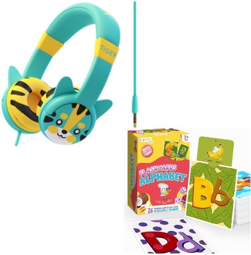 Kidrox Tiger-Ear Wired Toddler Headphones – 85dB Volume Limited Headset with Adjustable Headband for Kids 1–7 Bilingual Alphabet Flash Cards – A-Z English/Spanish Learning Cards for Toddlers