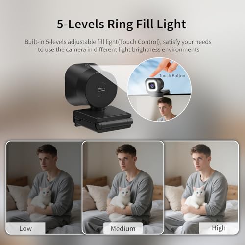 TOALLIN 4K Webcam with Ring Light, Remote Control, PDAF Autofocus