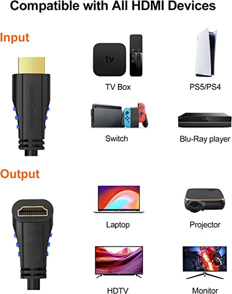 CableCreation 4K HDMI Cable 6ft Down Angle 90 Degree Right Angle, Support 4K@60Hz Ultra HD 3D Video, Male to Male Black HDMI Cable for TV, PC, Gaming and More