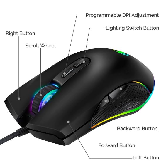 Wired Gaming Mouse USB C, Quiet Clicking, 4 Color LED RGB Backlighting,Optical Type C Mice with 5.9ft Cable,3200D-PI 7 Buttons Ergonomic Mouse for Phone PC,Computer,Laptop,Desktop, Mac,Surface,Tablets