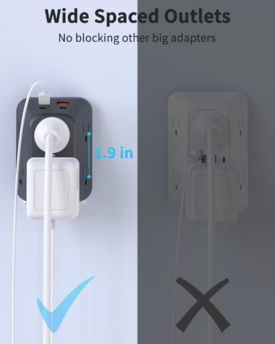 Black Outlet Extender, 6AC&2A2C, 1050J, USB Wall Charger, 1875W/15A