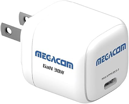 Megacom Gan Charger 30W USB-C Power Adapter, Foldable PD3.0/PPS/QC3.0 Fast Wall Charger Compatible with Smartphones, Tablets, and All USB Type-C Devices (White)