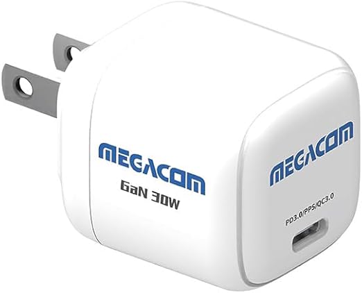 Megacom Gan Charger 30W USB-C Power Adapter, Foldable PD3.0/PPS/QC3.0 Fast Wall Charger Compatible with Smartphones, Tablets, and All USB Type-C Devices (White)