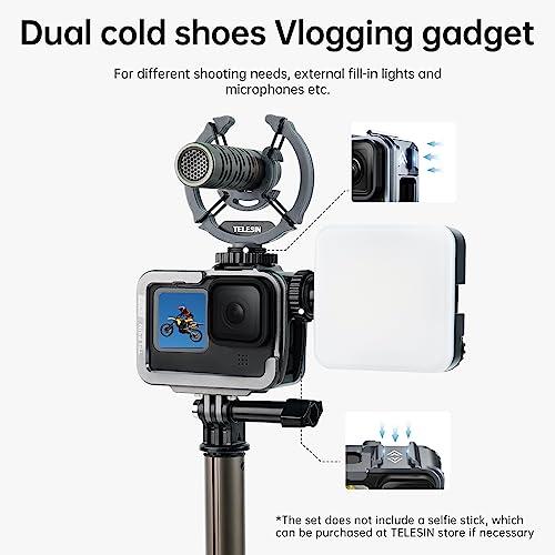 TELESIN Aluminum Case Metal Cage Protective Frame Housing for GoPro Hero 13 12 11 10 9, Fits for Go Pro When ND CPL Lens Filter Max Lens Mount on, with Cold Shoe Connect to Video Light Microphone