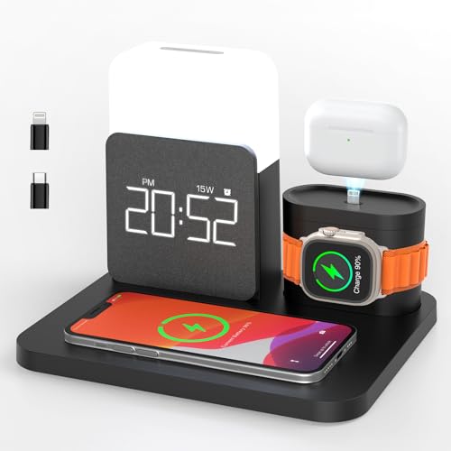 7 in 1 Charging Station for iPhone, Wireless Charging Station, Alarm Clock, Night Light, Wireless Charger for iPhone 17 16 15 14 13 12 Pro Max & Apple Watch - Charging Stand Dock for AirPods(Black)