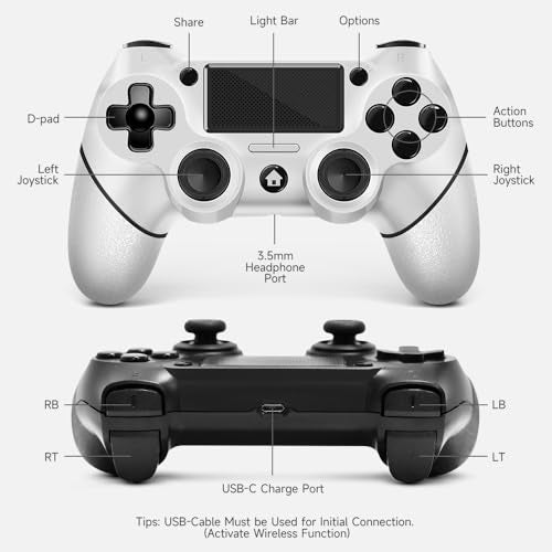 AceGamer 2 Pack for PS4 Controller, Wireless Controller for PS4/Pro/Slim/PC, with Non-Slip Grip of Both Sides and USB-C Cable! (Black and White)