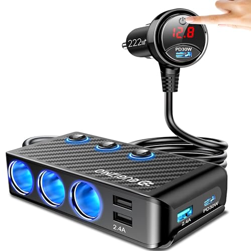 EUGIZMO 8 in 1 Cigarette Lighter Adapter,3 Socket Car Charger Plug Splitter