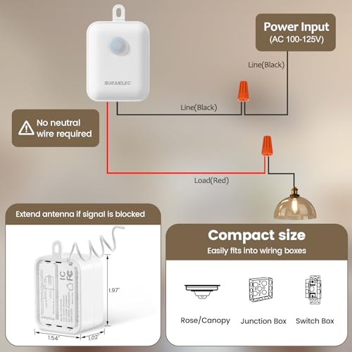 SURAIELEC Wireless Light Switch Receiver Kit, No Neutral Wire for Old Homes