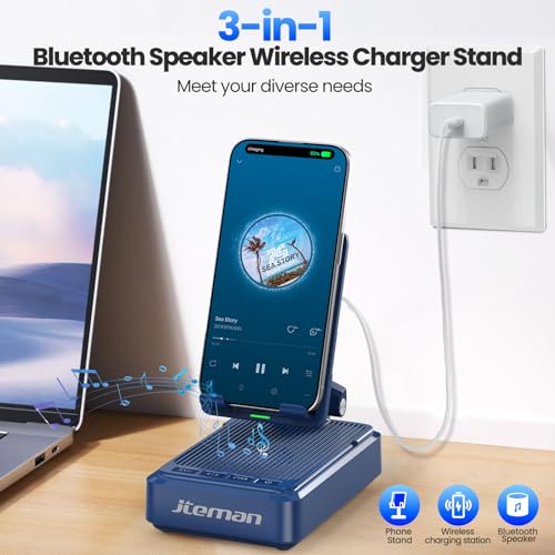 Jteman Cell Phone Stand with Bluetooth Speaker and Wireless Charger