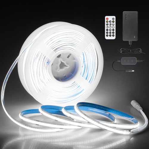 24V COB LED Strip Light 65.6ft One Roll with Remote Cold White 6500K 8mm