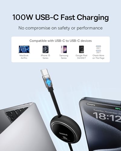 Baseus USB C to USB C Cable, 100W Retractable USB C 5A Fast Charging Cable