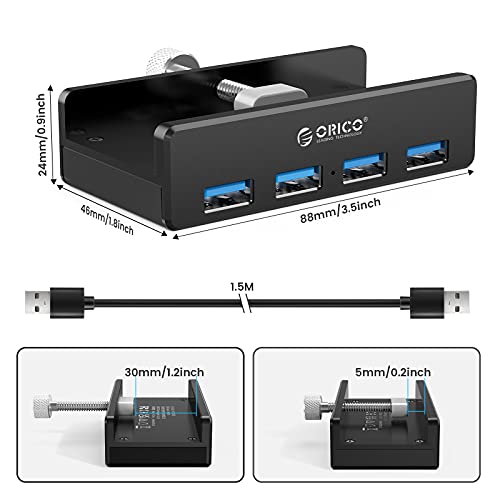 ORICO USB 3.0 Hub, USB Hub Clamp, Aluminum 4-Port USB Splitter with Extra Power Supply Port and 4.92 FT USB Data Cable, Desktop Powered USB Hub for Monitors/Desks-Black (Without Power Adapter)