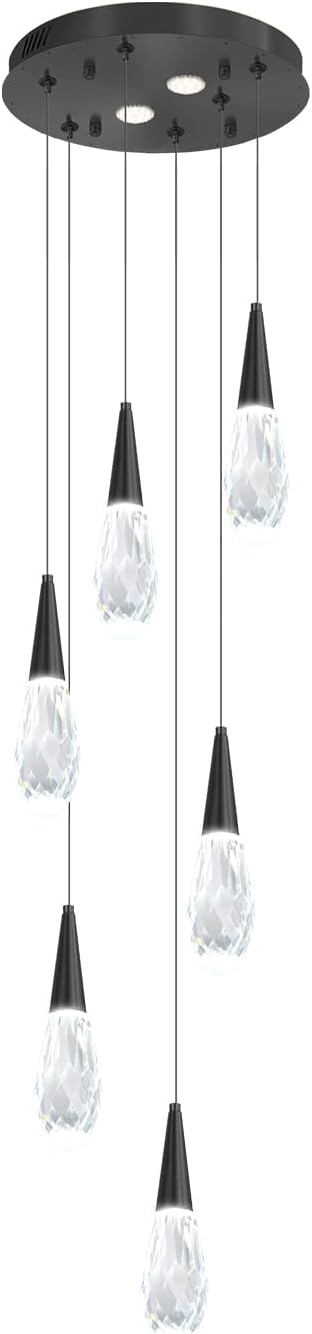 Modern Crystal Chandelier 6-Lights Pendant Chandeliers for Staircase Black Kitchen Pendant Light Fixture Hanging Lighting for Dining Room Living Room Bedroom Entryway