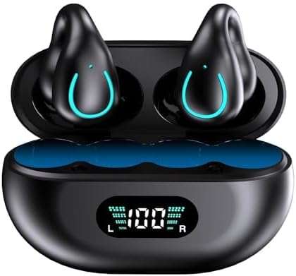 Open-Ear Wireless Headphones Bluetooth Clip On Mini Earbuds Charging Case Ear Buds Sports Bone Conduction Headphones Earphones for Workout Driving Walking (Black)