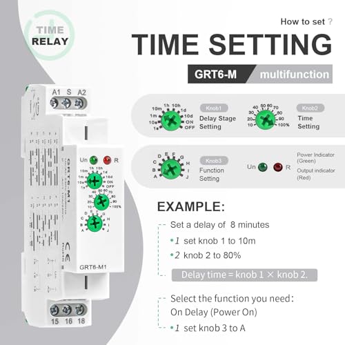 Multifunction Time Delay Relays AC DC 24V-240 Volt, 10A Mini Adjustable Timer Switch ON Off GRT6-M1, with 10 Electrical Timers Relay Control Delay Function for 1 Minute to 10 Days, DIN Rail Mount