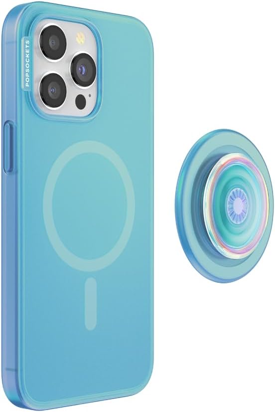 PopSockets iPhone 15 Pro Max Phone Case with MagSafe, Wireless Charging Compatible, Blue - Opalescent Blue