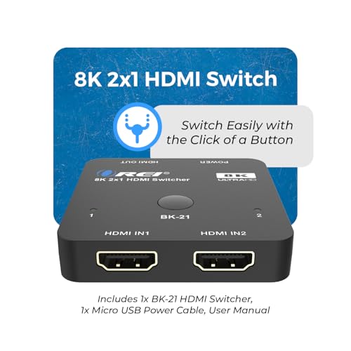 OREI 8K 2-Port HDMI 2.1 Switch, 8K@60Hz, 4K@120Hz, Auto and Manual Switch