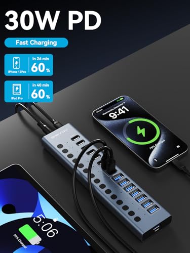 ACASIS Powered USB C Hub, 16-in-1 USB 3.2 Hub 10Gbps, 6 USB-A 3.2 + 2 USB-A 2.0+ 8 USB-C 3.2 Ports, Dual USB-C PD 30W, 150W Adapter, 3.3FT Cable, Aluminum USB Hub for PC, Laptop, Mac mini, iMac, iPad