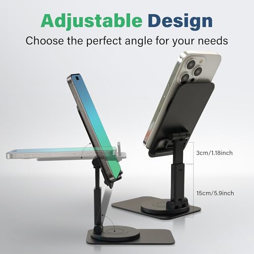 SenseAGE Rotatable Cell Phone Stand, Adjustable Folding Cell Phone Stand for Desk, Home Office Mobile Stand, Desktop Phone Holder, Compatible with iPhone&Smart Phones Accessories (Black)