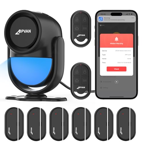 CPVAN WiFi Motion Sensor Alarm System, 125dB Smart PIR Motion Detector with 6 Door Window Sensors, Phone App Alerts, Wireless Indoor Home Security Kit, 2.4GHz WiFi, Black