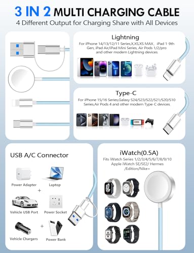 Travel Essentials for Apple Watch Charger,iPhone Charger,3 in 2 Multi Charging Cable,Type C/Lightning/Magnetic Fast Charging Cable [Portable] for iWatch Series Ultra/11/10/9/SE,iPhone 17-11-6FT Blue