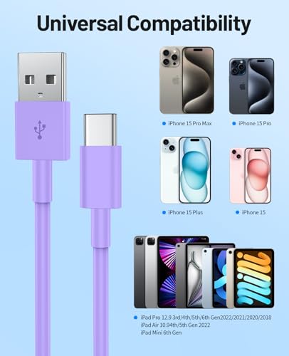 Extra Long USB C Cable Fast Charging 15FT, [MFi Cerytified] Long USB A to USB C Cable for iPhone 16 15 Charger Cord 5m,Type C Cable C Charger for iPhone 16 15 Pro Max/16 15 Plus/iPad/Samsung (Purple) - Image 6