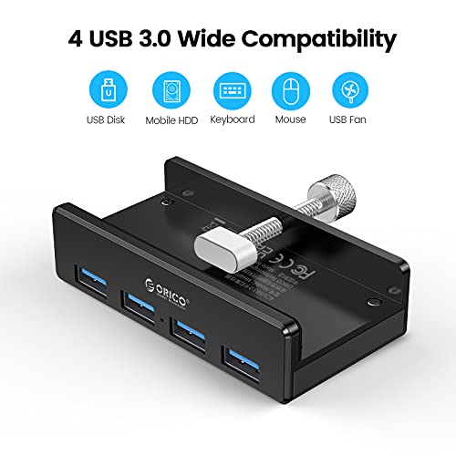 ORICO USB 3.0 Hub, USB Hub Clamp, Aluminum 4-Port USB Splitter with Extra Power Supply Port and 4.92 FT USB Data Cable, Desktop Powered USB Hub for Monitors/Desks-Black (Without Power Adapter)