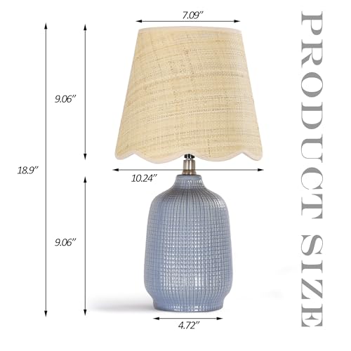 Pia Ricco 19" Modern Ceramic Table Lamp for Living Room Gray Blue Base Desk Lamps for Bedroom Farmhouse Bedside Nightstand Lamp End Table Lamps,Bule,Rattan Shade