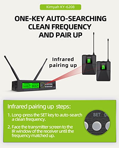 Kimyah Wireless Lavalier and Headset Microphone System,Dual UHF Cordless Bodypack Mics, 2 Lavalier and 2 Headset Microphones, 328ft Range,Ideal for Church and Teaching, Lecture(KY-6208)