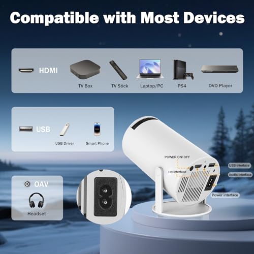 Mini Projector Support 1080P, 200 Ansi Home Movie Projector Portable Projector with Wifi and Bluetooth, Automatic Keystone Correction, 180°Rotatable, Compatible with HDMI USB PC Laptop