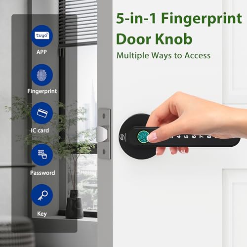 Smart Electronic Fingerprint Door Lock, Keyless Entry with Handle, Codes, APP, IC Cards, Fingerprints, Keys, for Home Bedroom Apartment (Black)